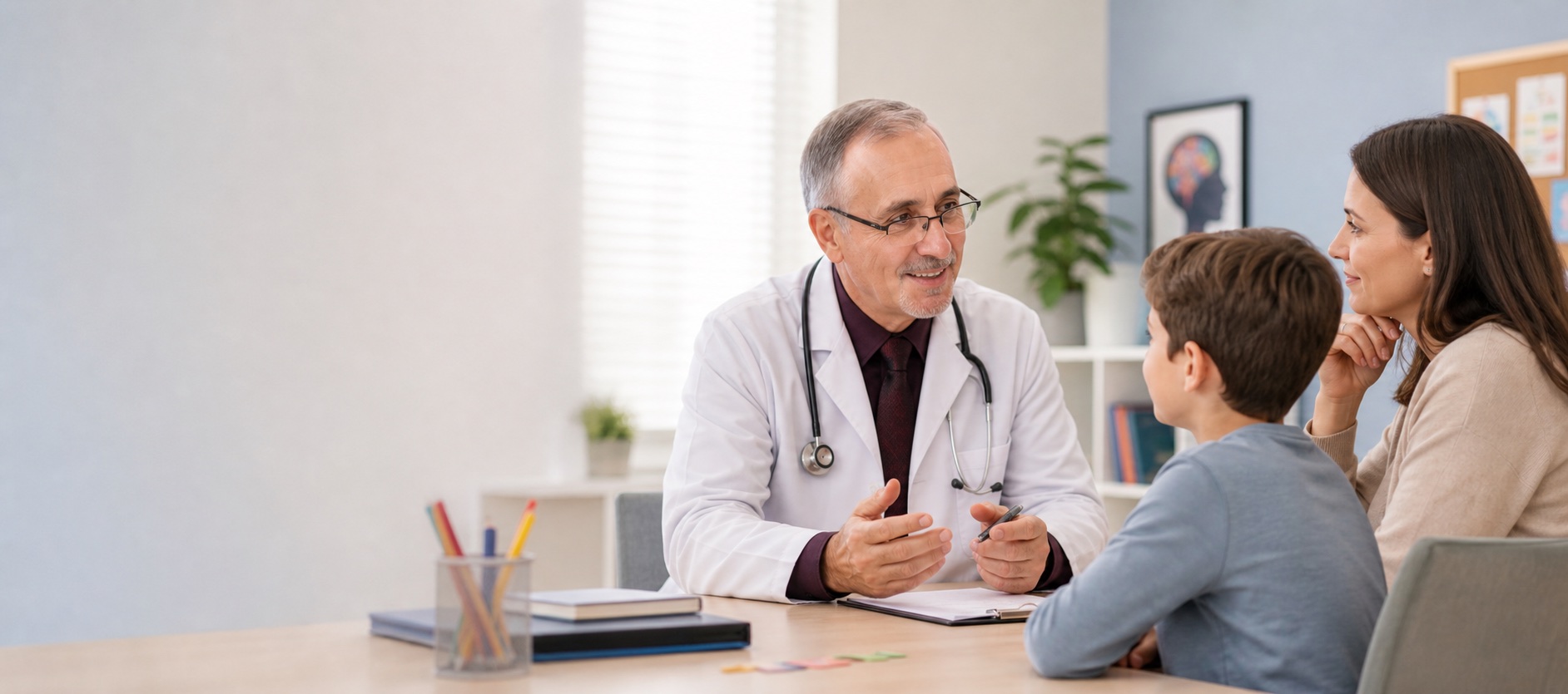 Pediatric specialist speaking with a child and parent during an ADHD evaluation