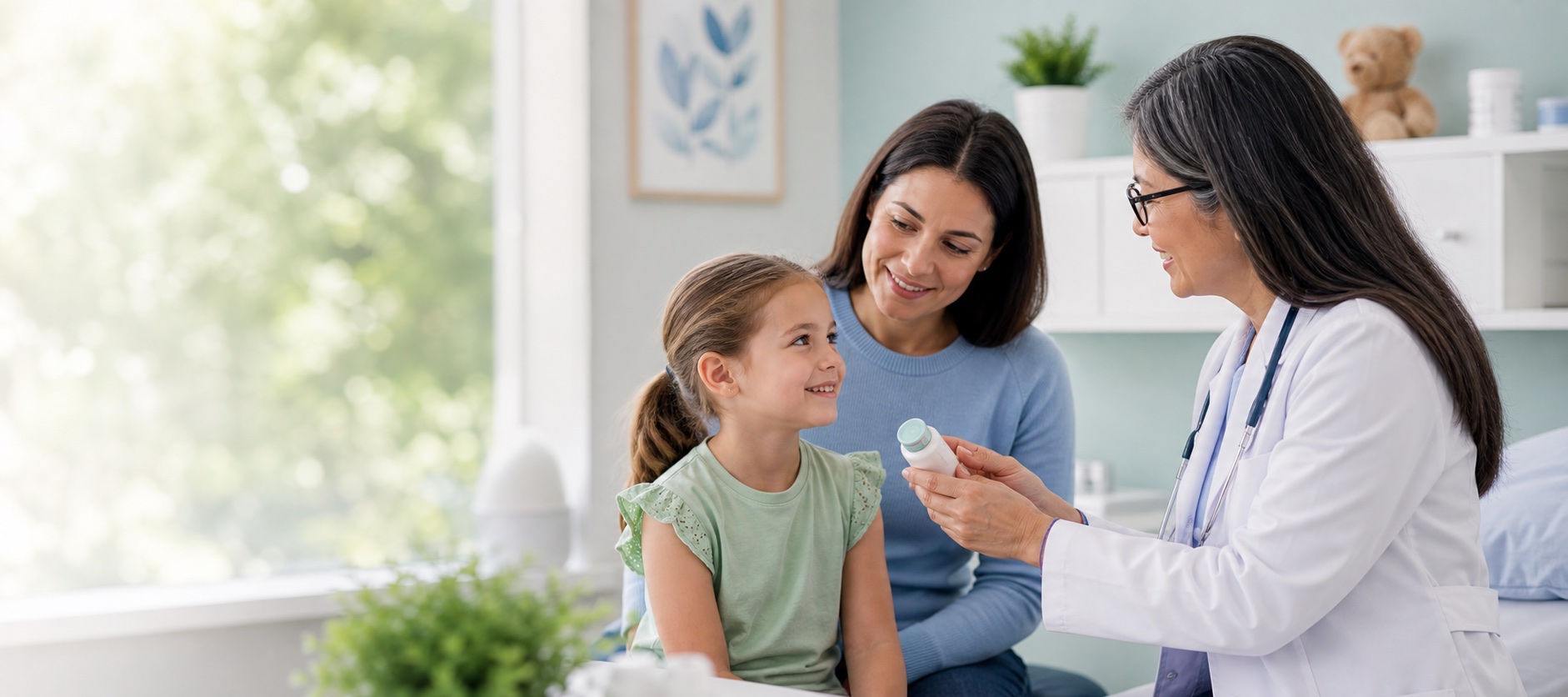 Child and parent consulting with pediatrician about allergy care