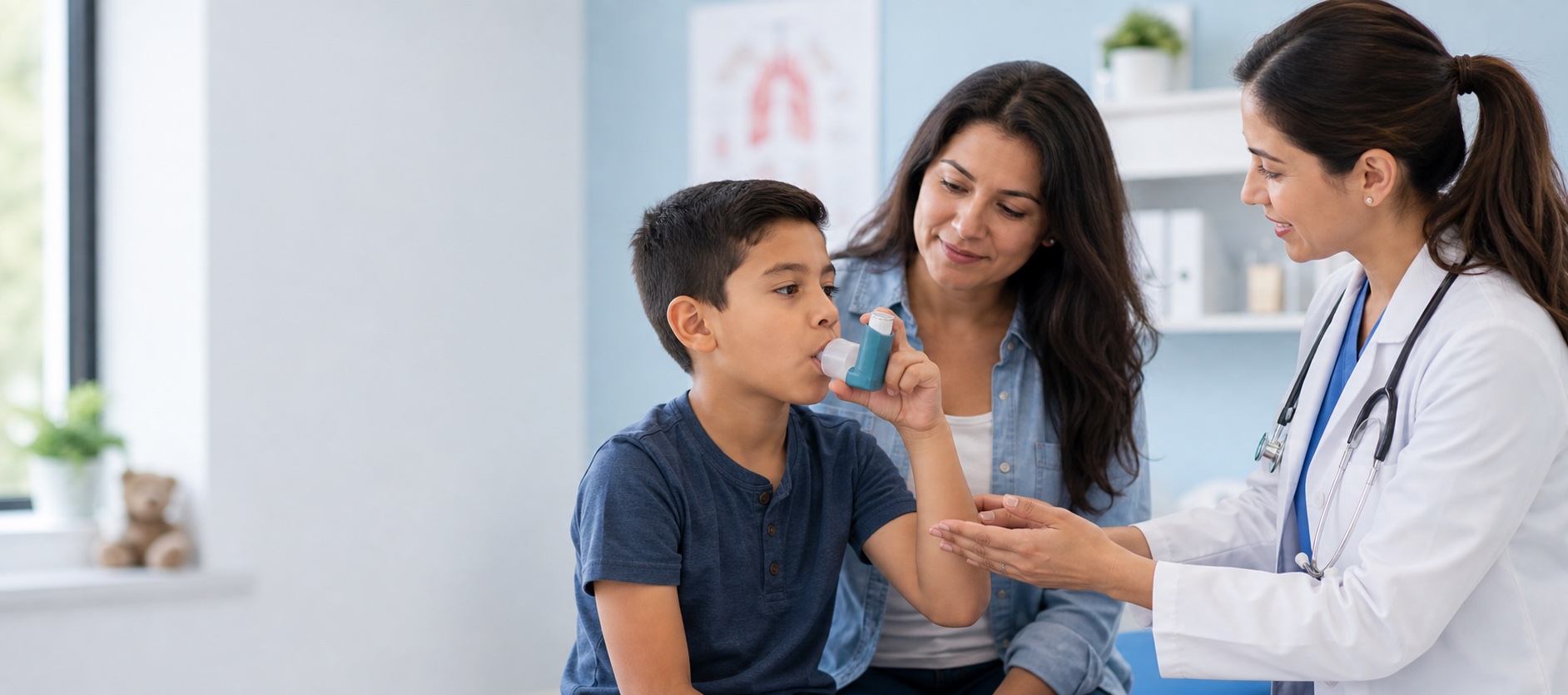 Pediatrician teaching a child proper inhaler use while parent watches