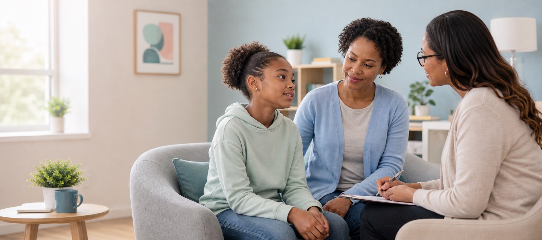 Child and parent speaking with a pediatric behavioral health specialist