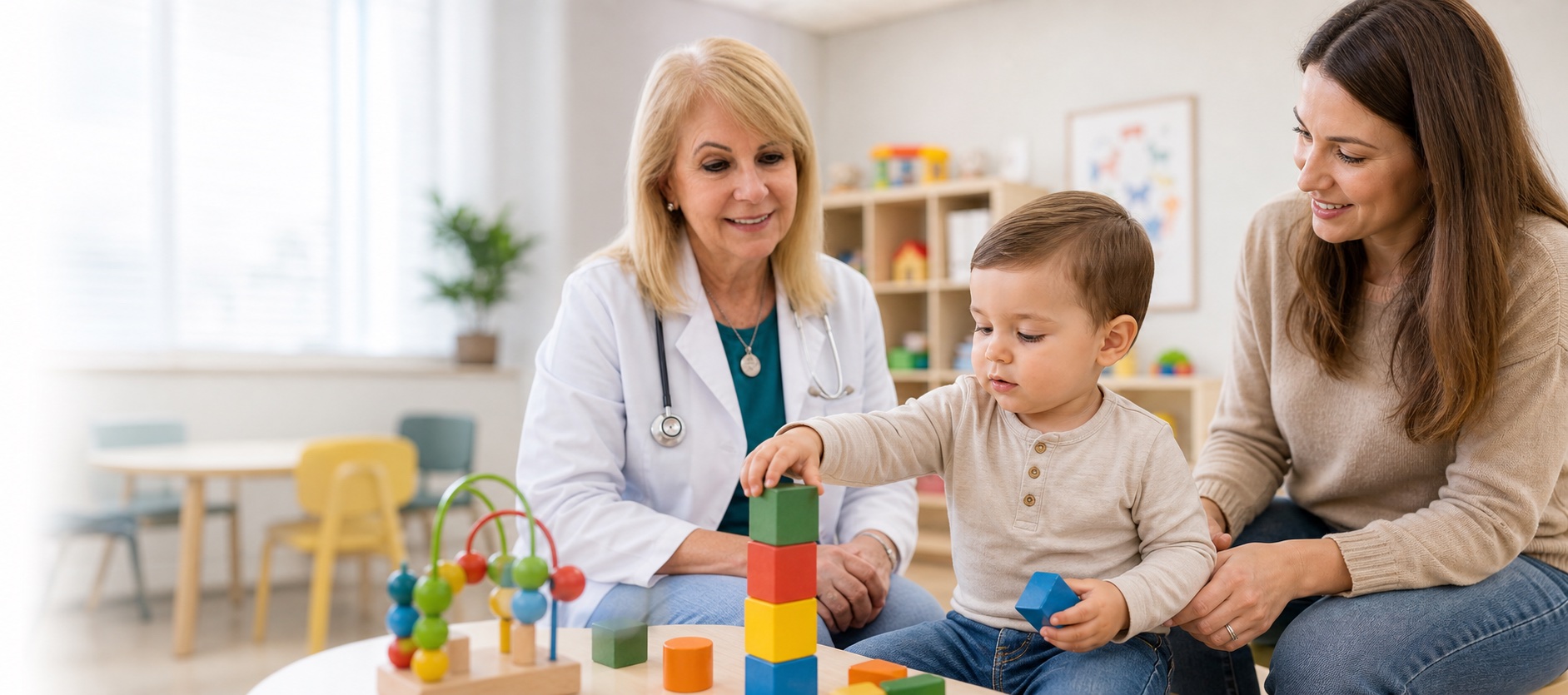 Toddler playing with educational toys during developmental screening