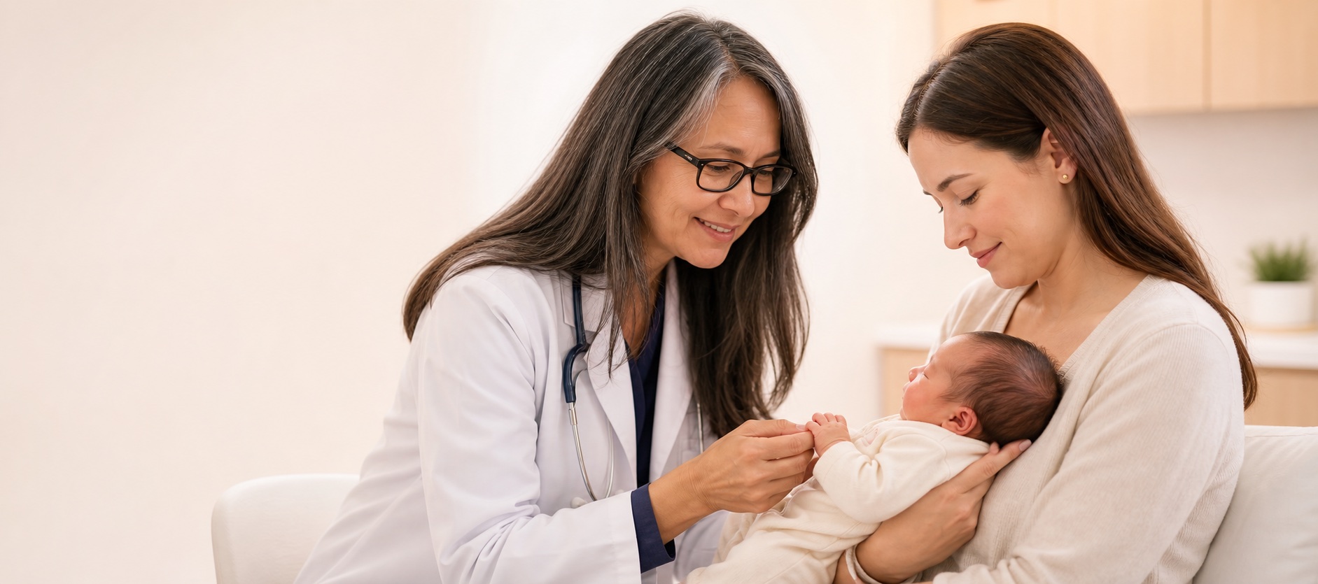 Pediatrician gently examining a newborn baby in parent's arms