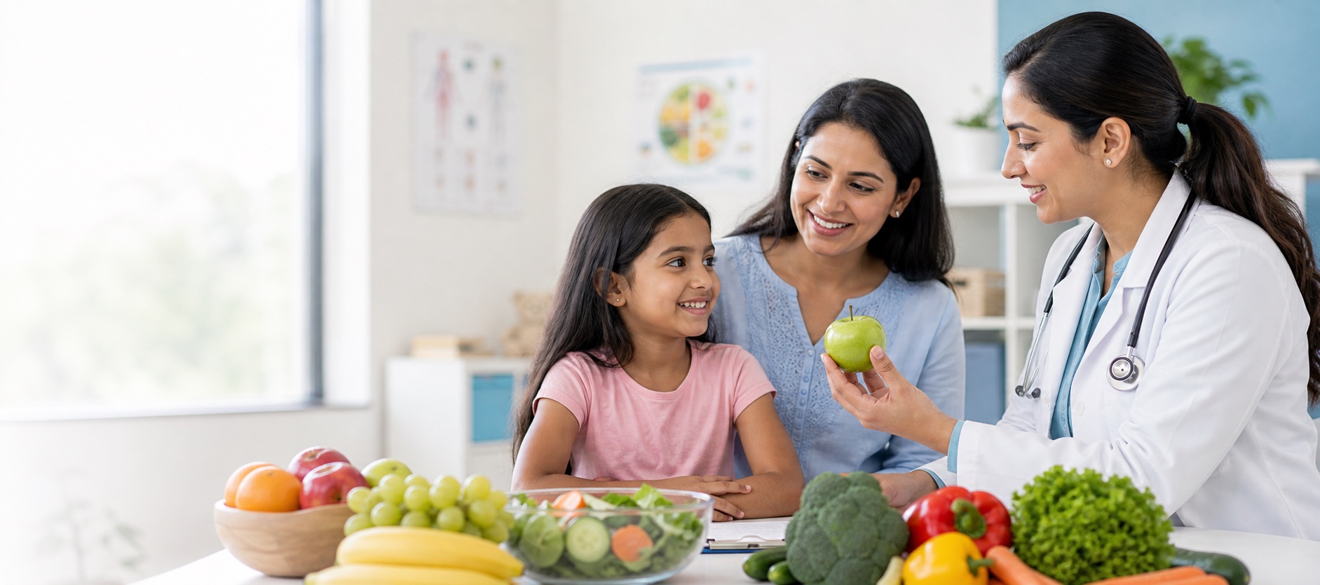 Pediatrician discussing healthy eating with child and parent