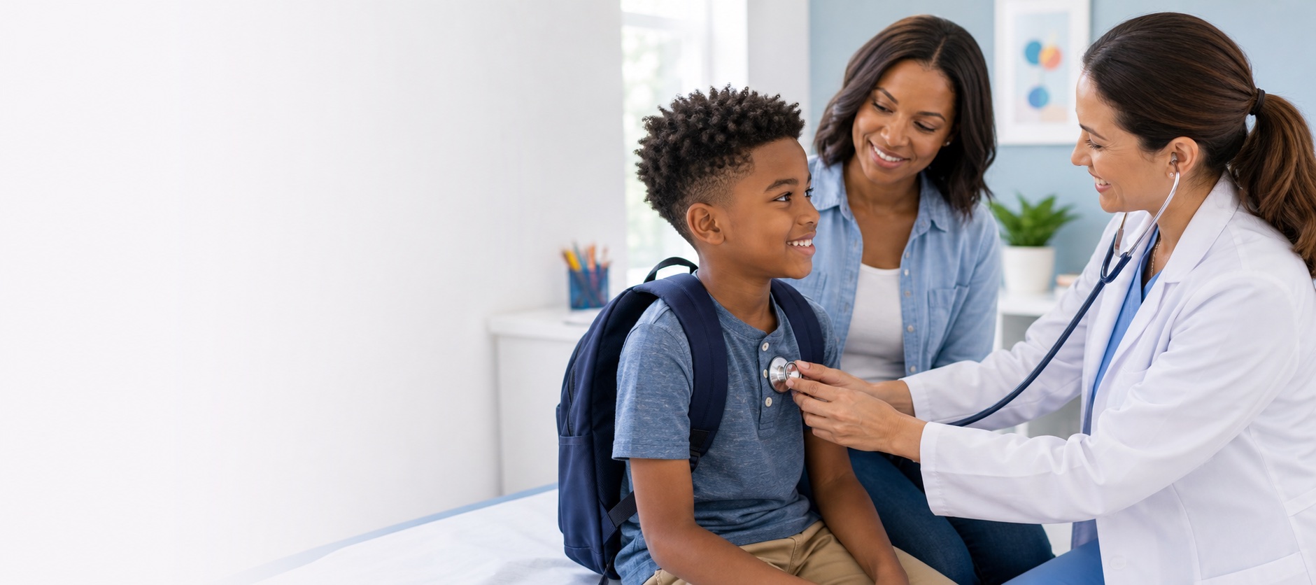 Child with backpack during a pediatric school physical exam