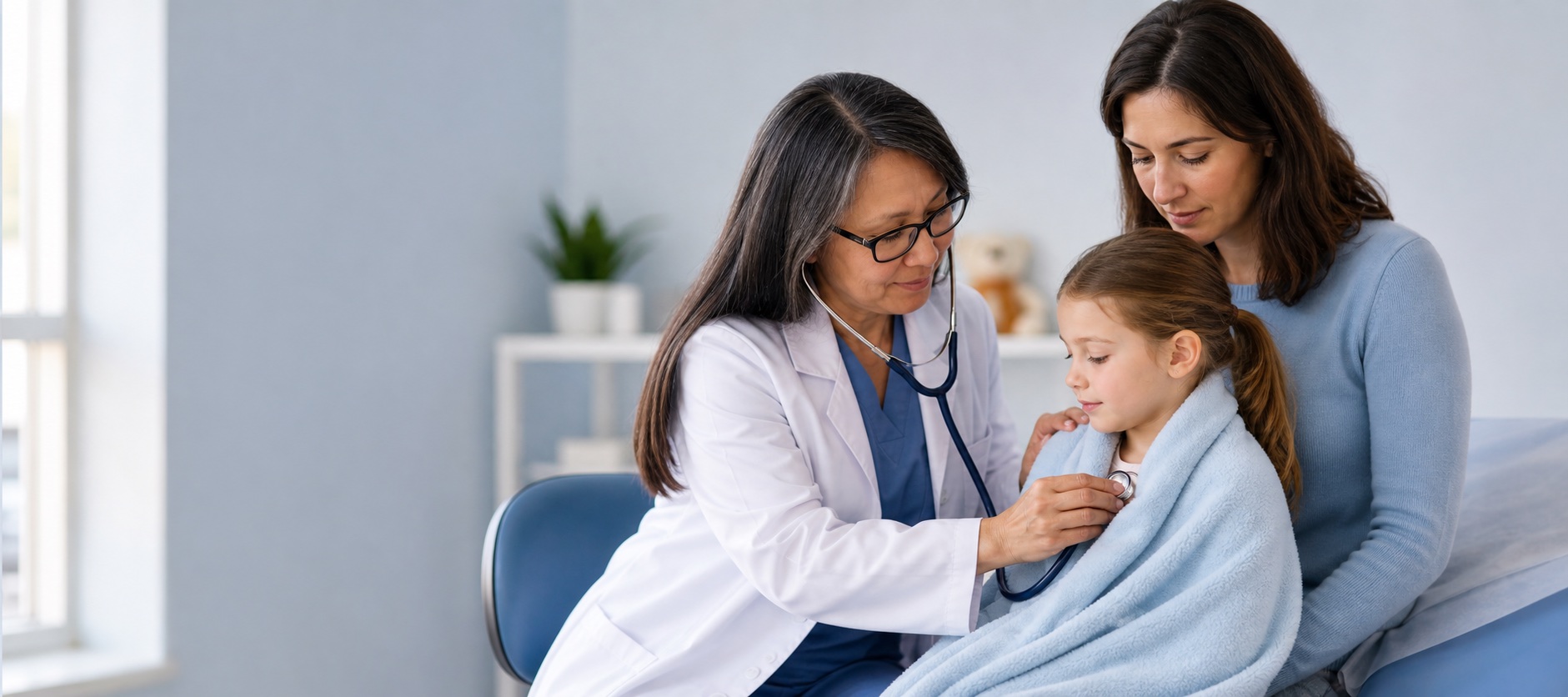 Pediatrician examining a mildly sick child while parent watches