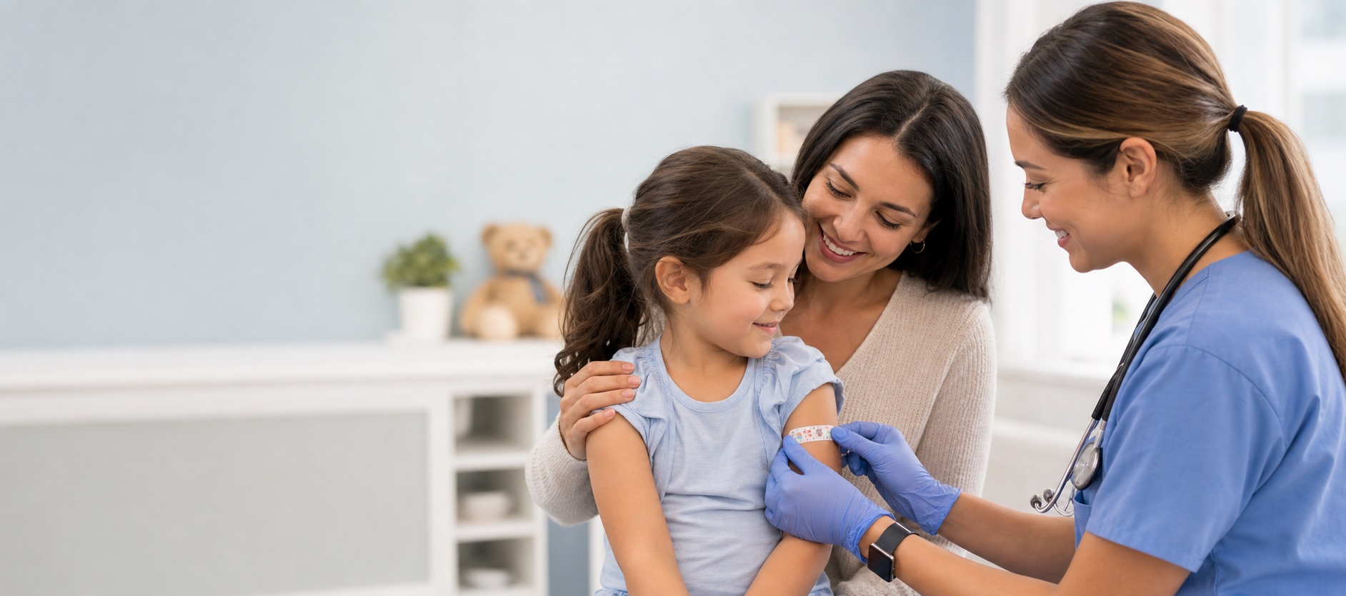 Calm child receiving vaccine comforted by parent and pediatric nurse